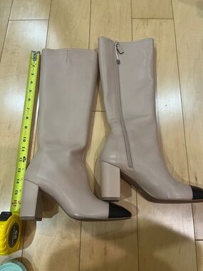 Stuart Weitzman Two-Tone Mid-Calf Block Heel Boots - Taupe with Black Toe